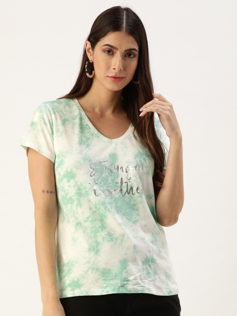 

Koton Women White & Green Dyed V-Neck Cotton T-shirt