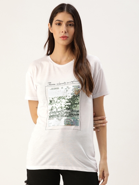 

Koton Women White & Black Typographic Print Sequinned T-shirt