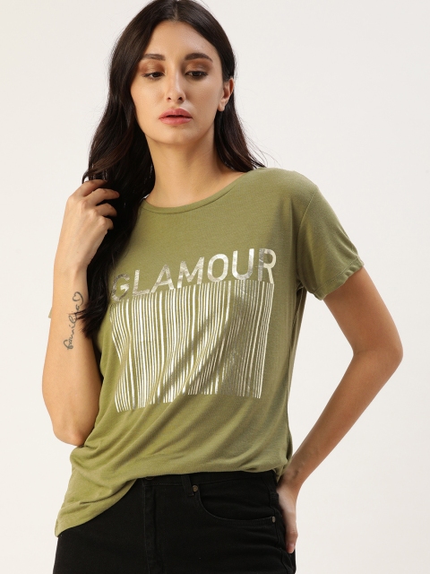 

Koton Women Olive Green & Silver Typographic Print T-shirt