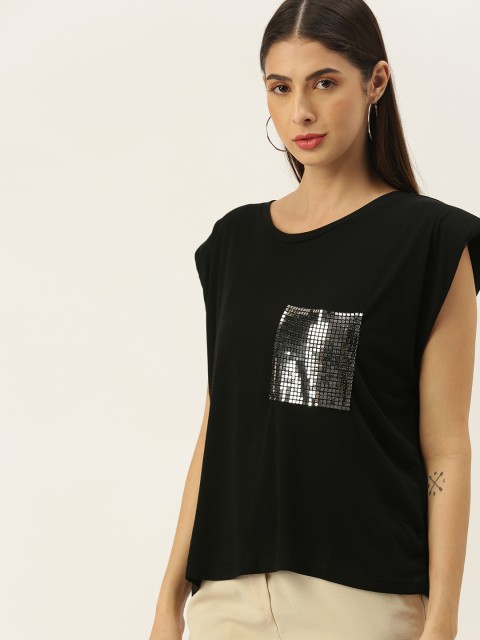

Koton Women Black Extended Sleeves Embellished T-shirt