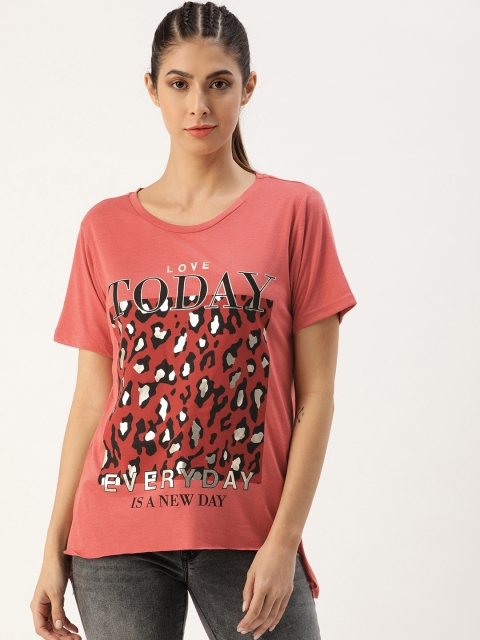 

Koton Women Coral Red Typography & Animal Printed T-shirt