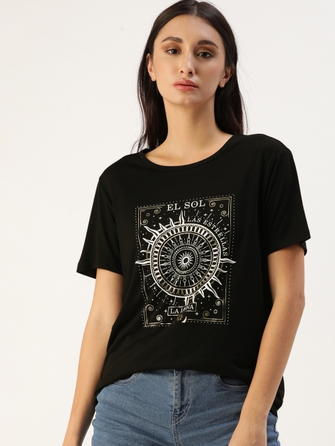 

Koton Women Black & Off-White Printed Round Neck T-shirt