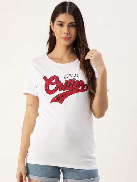 

Koton Women Off-White Red Typography Print Round Neck Pure Cotton T-shirt