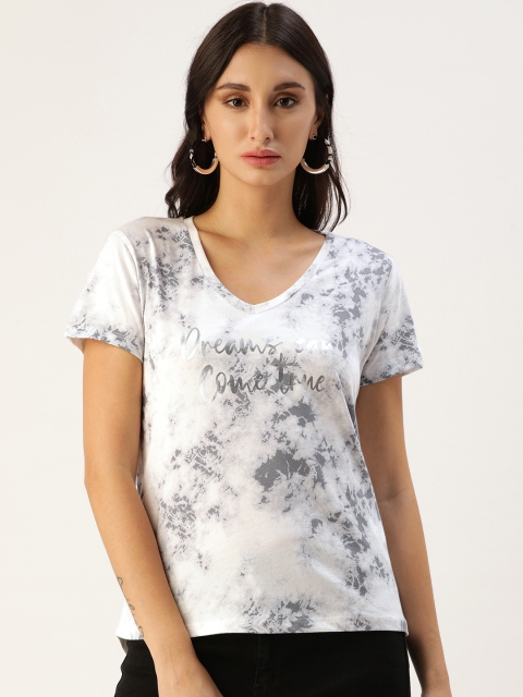 

Koton Women Grey White Tie Dye Pure Cotton V-Neck Pure Cotton T-shirt