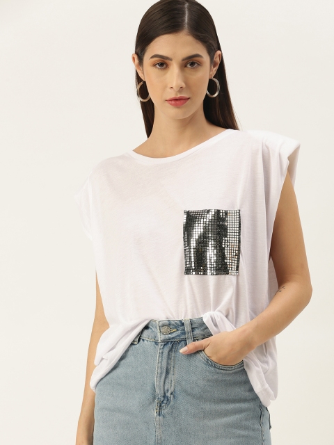 

Koton White Sequinned Extended Sleeves Regular Top