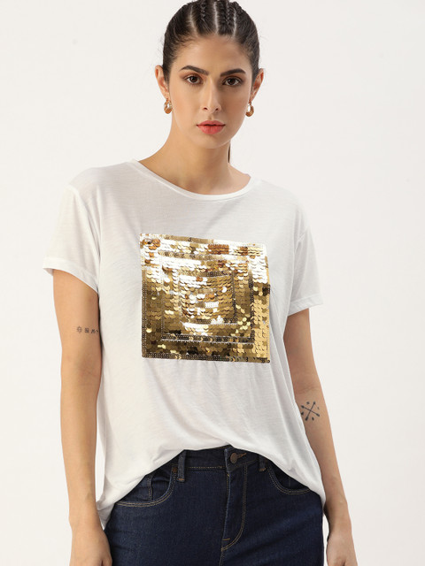 

Koton Women Off White Drop-Shoulder Sleeves T-shirt with Sequins