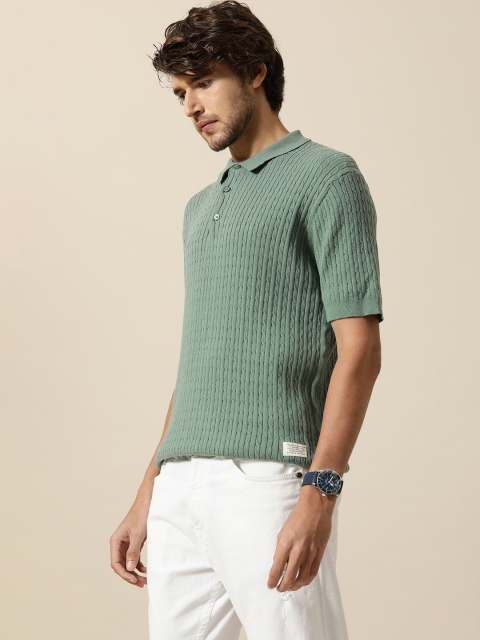 

Mr Bowerbird Men Green Self Design Polo Collar T-shirt