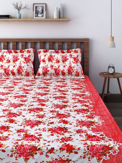 

SWAYAM White & Red 220 TC Polycotton Double Fitted Bedsheet with 2 Pillow Covers