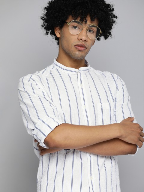 

Indian Terrain Men White & Blue Slim Fit Striped Organic Cotton Smart Casual Shirt