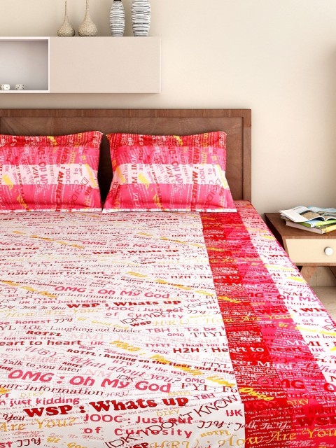 

SWAYAM White & Red 120 TC Polycotton Double (Fitted) Bedsheet with 2 Pillow Covers