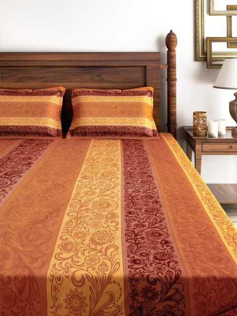 

SWAYAM Brown & Yellow 210 TC Fine Cotton Double Bedsheet with 2 Pillow Covers