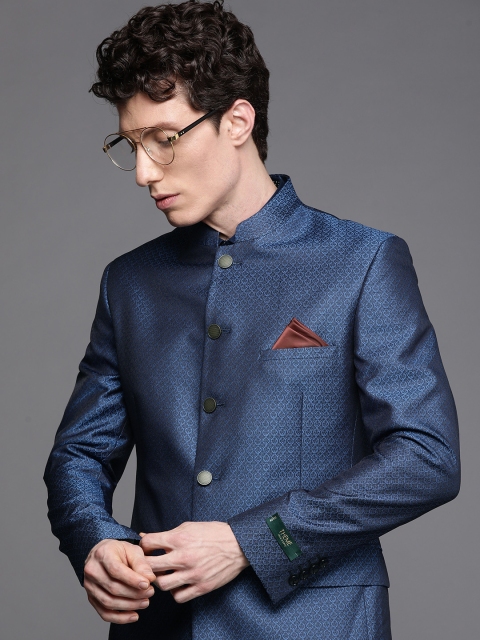 

Theme Men Indigo Blue Self Design Bandhgala Blazers