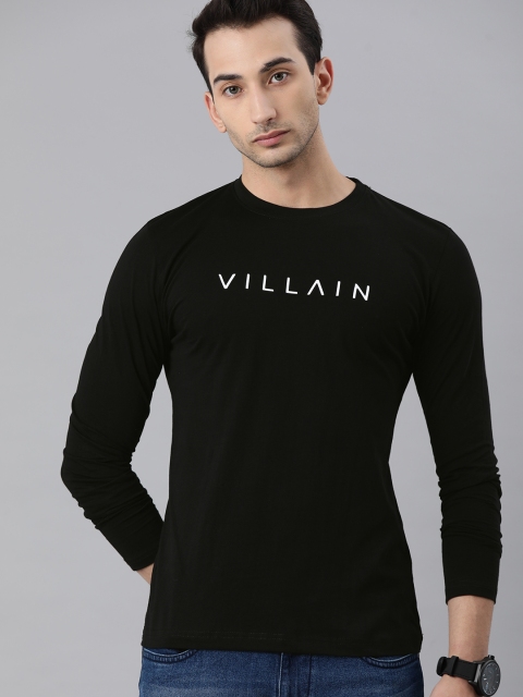 

VILLAIN Men Black & White Brand Logo Print Cotton Round Neck T-shirt