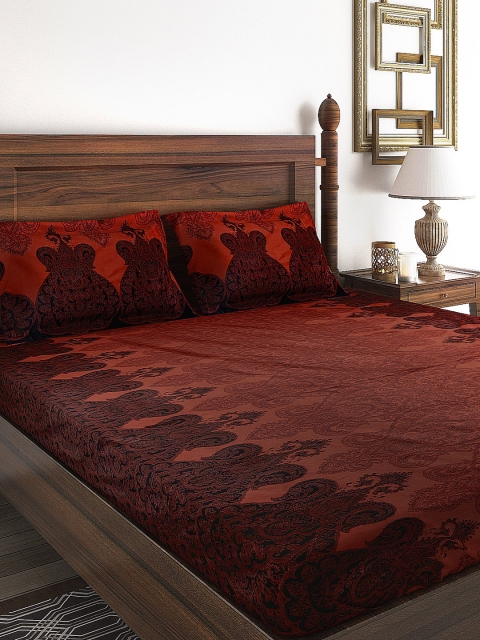 

SWAYAM Rust Red 210 TC Fine Cotton Double Fitted Bedsheet with 2 Pillow Covers