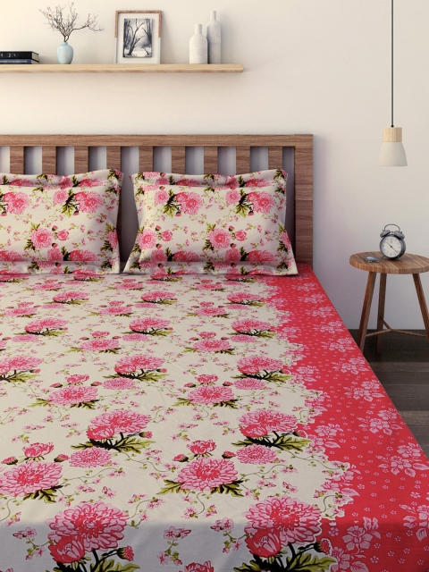 

SWAYAM White & Pink 210 TC Fine Cotton Double Fitted Bedsheet with 2 Pillow Covers