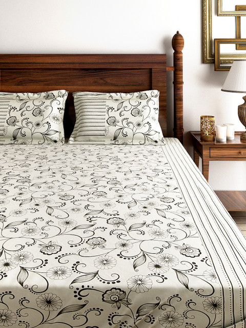 

SWAYAM Cream-Coloured 120 TC Fine Cotton Double Fitted Bedsheet with 2 Pillow Covers