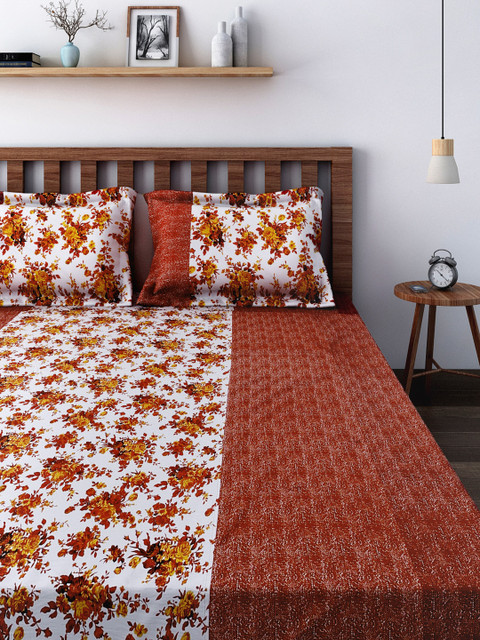 

SWAYAM Rust Red & White 180 TC Fine Cotton Double Fitted Queen Bedsheet with 2 Pillow Covers