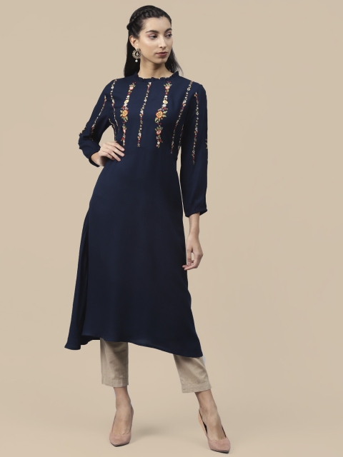 

Sangria Women Blue Floral Embroidered A-Line Kurta