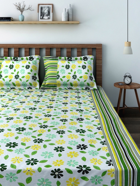 

SWAYAM White & Green 180 TC Fine Cotton Double Bedsheet with 2 Pillow Covers