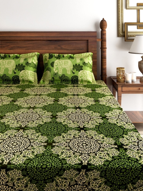 

SWAYAM Green & Beige 180 TC Fine Cotton Double Bedsheet with 2 Pillow Covers