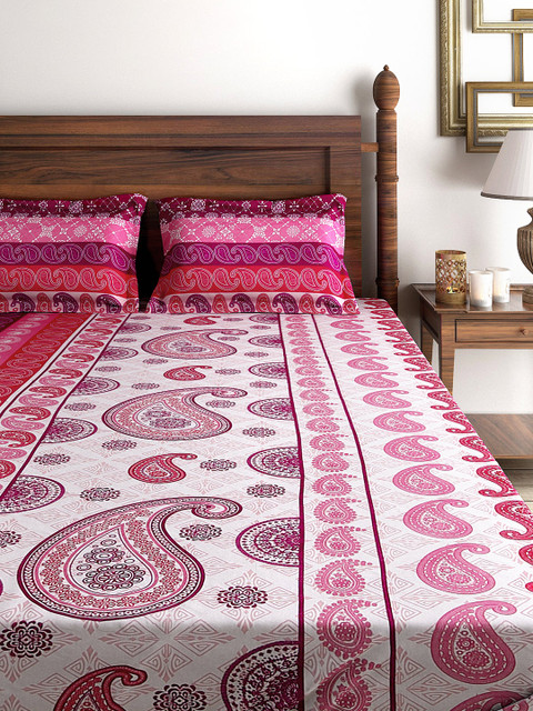 

SWAYAM White & Pink 144 TC Cotton Queen Bedsheet with 2 Pillow Covers