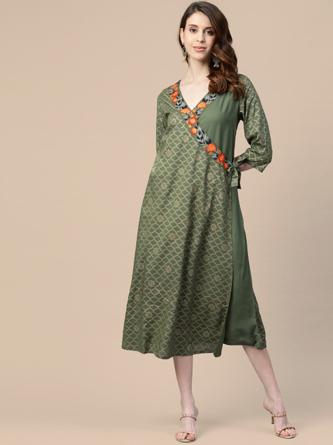 

Sangria Olive Green Ethnic Motifs Printed & Floral Embroidered Midi Wrap Dress