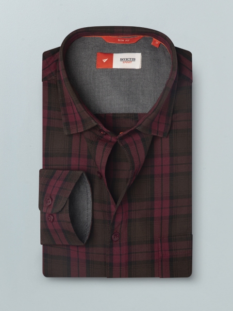 

INVICTUS Men Black & Burgundy Slim Fit Tartan Checks Checked Casual Cotton Shirt