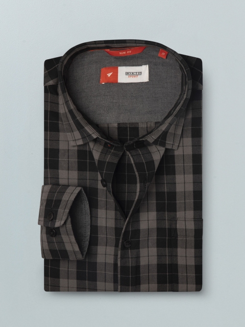 

INVICTUS Men Grey Sport Slim Fit Tartan Checks Pure Cotton Casual Shirt