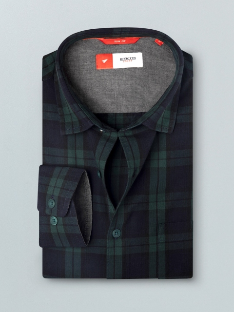 

INVICTUS Men Green & Navy Blue Checked Slim Fit Casual Cotton Shirt