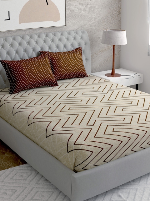 

EverHOME Cream-Coloured & Brown Geometric 144 TC Queen Bedsheet with 2 Pillow Covers