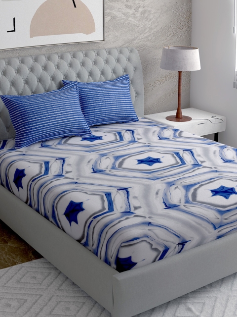 

EverHOME White & Blue 144 TC Queen Bedsheet with 2 Pillow Covers