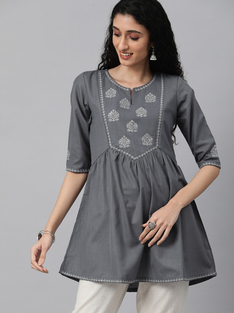 

ETIQUETTE Women Grey & White Yoke Design Thread Work Short A-Line Kurta