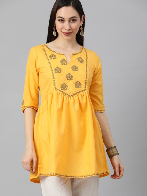 

ETIQUETTE Women Yellow & Black Yoke Design Thread Work Short A-Line Kurta