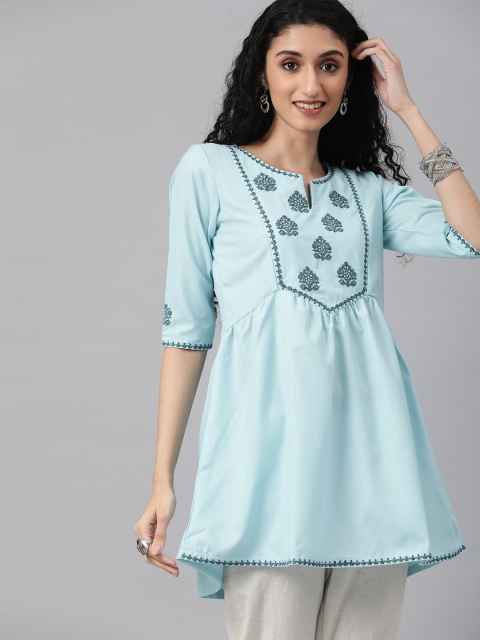 

ETIQUETTE Women Blue & Black Yoke Design Thread Work Short A-Line Kurta
