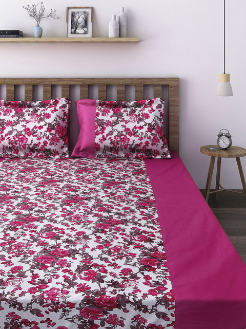 

SWAYAM Magenta Floral Print 300 TC Cotton Double Bedsheet with 2 Pillow Covers