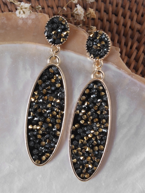 

Ayesha Women Gold-Toned Black Rhinestone Studded Oval Shaped Drop Earrings