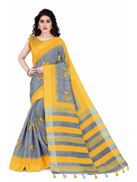 

KALINI Grey & Yellow Ethnic Motifs Printed Cotton Designer Saree
