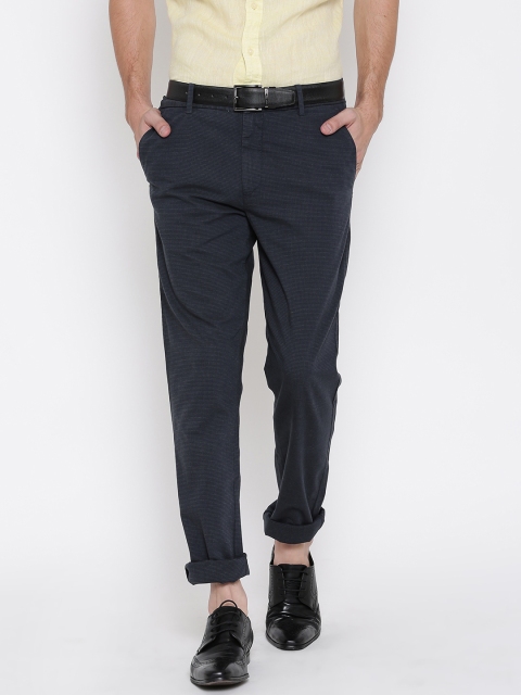 

U.S. Polo Assn. Men Navy Woven Design Flat Front Casual Trousers, Navy blue