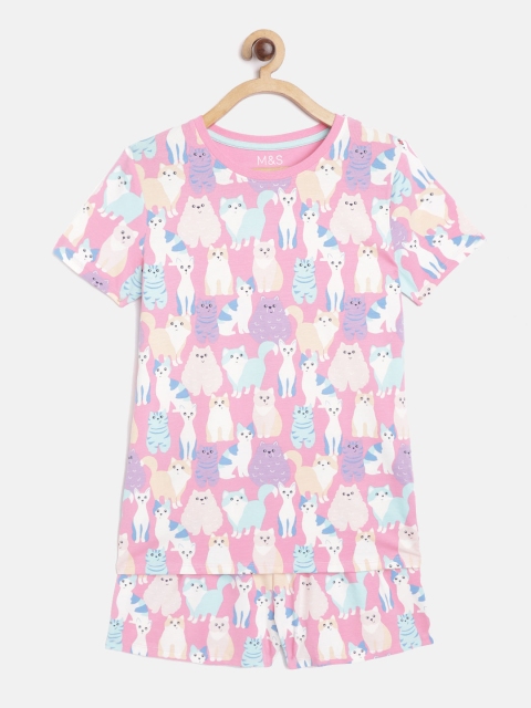 

Marks & Spencer Girls Pink & Blue Cats Printed Night Suit