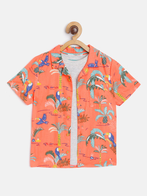 

Marks & Spencer Boys Orange & Green Cotton Printed Sustainable Casual Shirt with T-Shirt