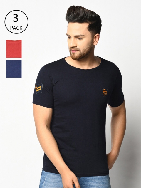 

ELEGANCE Men Pack of 3 Round Neck Applique T-shirts, Red