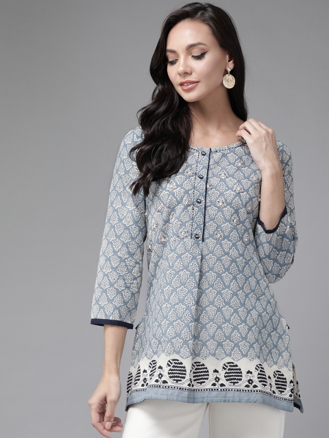 

Rain & Rainbow Blue & White Ethnic Motifs Printed Pure Cotton Kurti