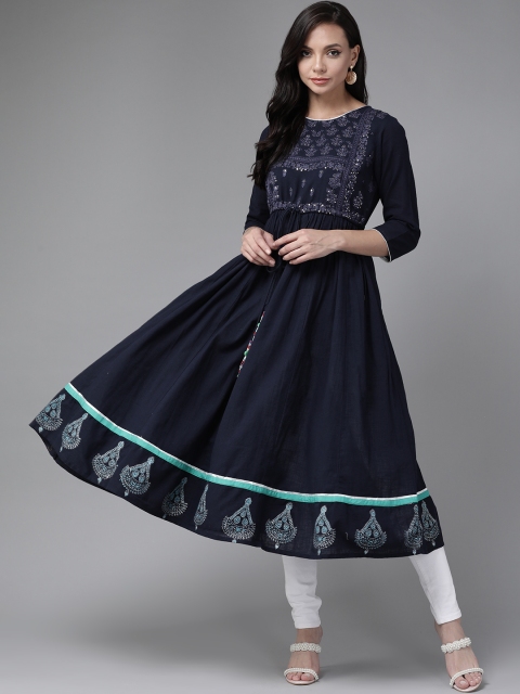 

Rain & Rainbow Women Navy Blue Ethnic Motifs Yoke Design Pure Cotton Anarkali Kurta