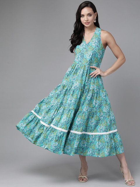

Rain & Rainbow Blue & Green Floral A-Line Cotton Tiered Midi Dress