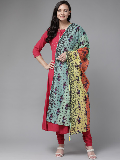 

Rain & Rainbow Women Red Solid Sequinned Pure Cotton Kurta with Churidar & Dupatta