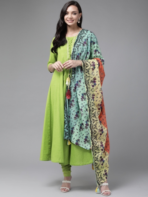 

Rain & Rainbow Women Green Solid Sequined Pure Cotton Kurta with Churidar & Dupatta