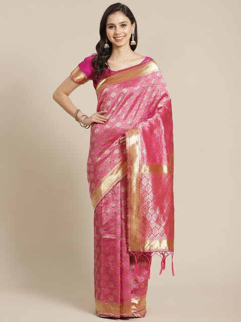 

RedRound Pink & Golden Ethnic Woven Design Zari Banarasi Saree