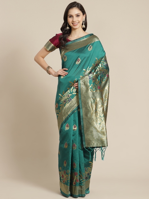 

RedRound Teal Green & Golden Ethnic Woven Design Zari Banarasi Saree