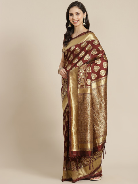 

RedRound Maroon & Golden Ethnic Woven Design Zari Banarasi Saree