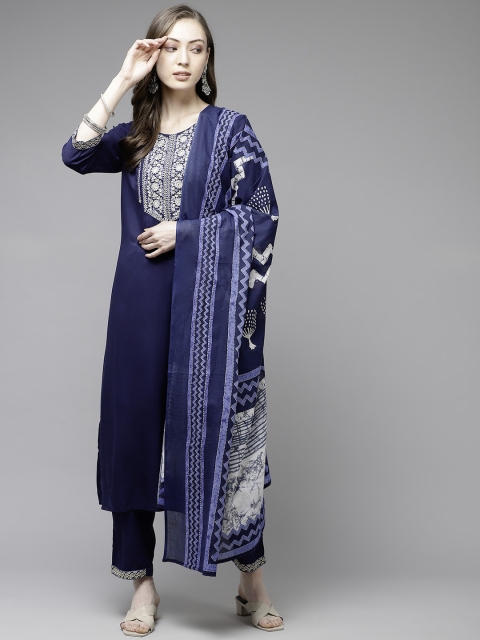 

Yufta Women Navy Blue Floral Yoke Design Kurta with Palazzos & Dupatta
